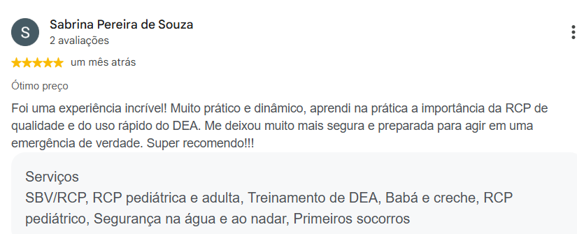 Avaliação 5 estrelas de Sabrina Pereira de Souza no Google sobre RCP e uso do DEA