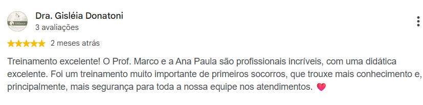 Avaliação 5 estrelas de Dra. Gisléia Donatoni no Google sobre treinamento com o Prof. Marco e a Ana Paula