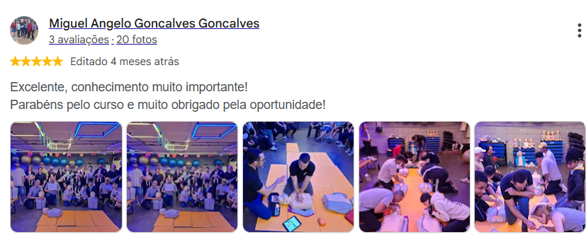 Avaliação 5 estrelas de Miguel Angelo Goncalves Goncalves no Google sobre curso de primeiros socorros