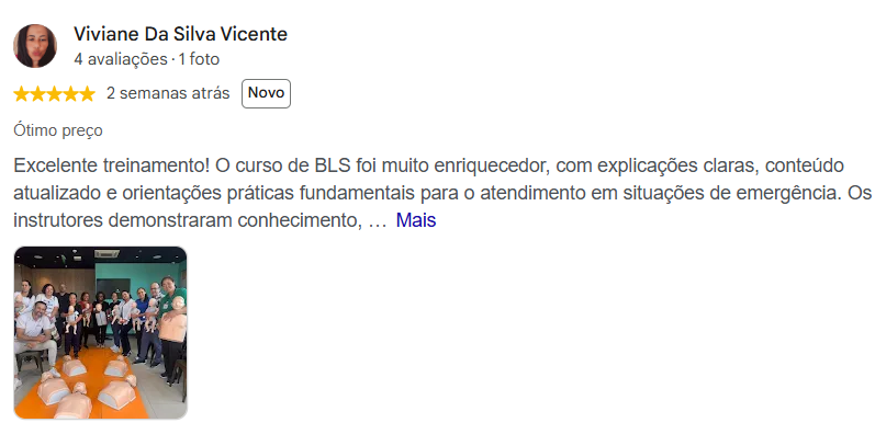 Avaliação 5 estrelas de Viviane Da Silva Vicente no Google sobre curso de BLS