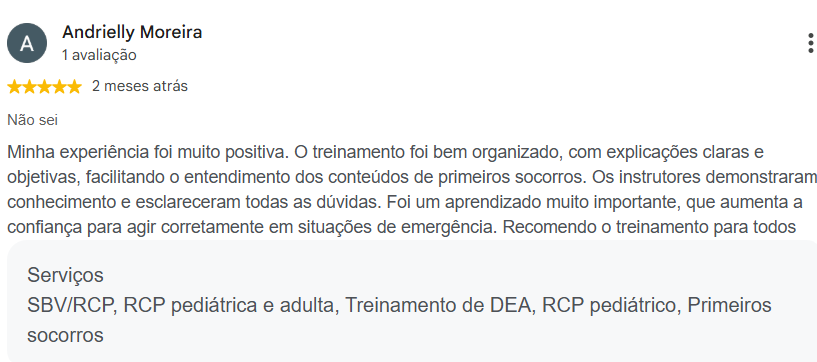 Avaliação 5 estrelas de Andrielly Moreira no Google sobre treinamento de primeiros socorros
