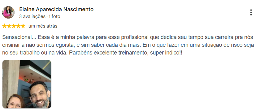 Avaliação 5 estrelas de Elaine Aparecida Nascimento no Google sobre treinamento de primeiros socorros