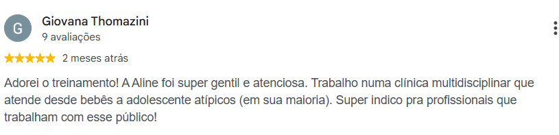 Avaliação 5 estrelas de Giovana Thomazini no Google sobre treinamento com a instrutora Aline