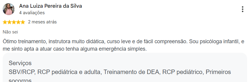 Avaliação 5 estrelas de Ana Luiza Pereira da Silva no Google sobre treinamento de primeiros socorros