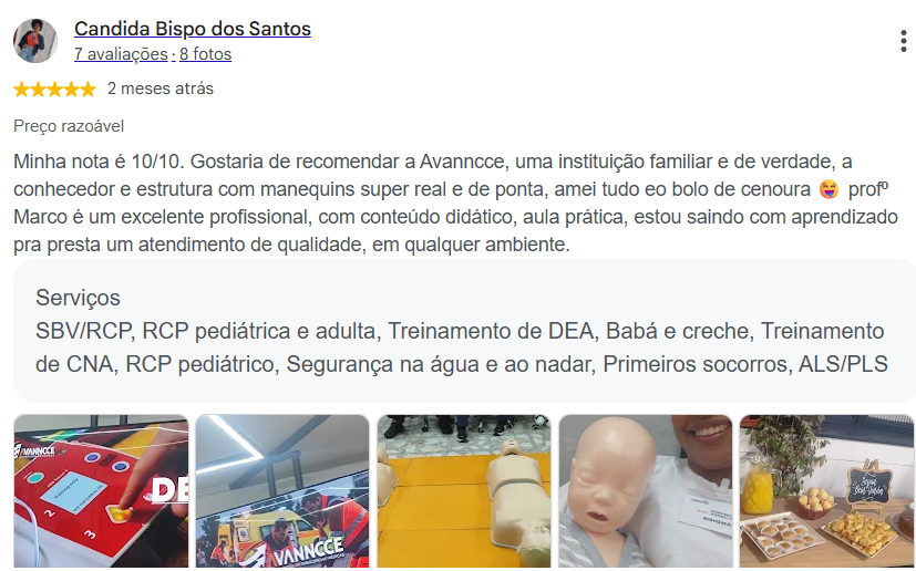 Avaliação 5 estrelas de Candida Bispo dos Santos no Google sobre treinamento com o Prof. Marco